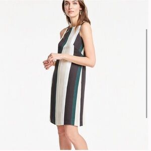 Ann Taylor Linen Striped Black, White, and Green Sleeveless Mini Dress